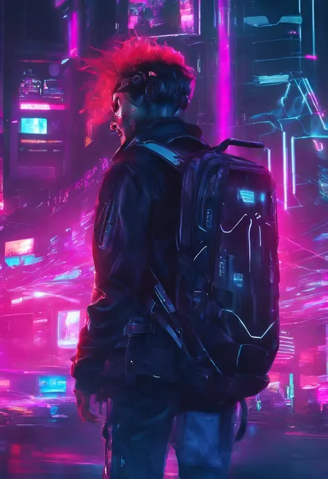 8k，Fine picture quality，Future street background，A cyberpunk boy，Carry this futuristic technology backpack，Camera of the future in hand，Back Shadow