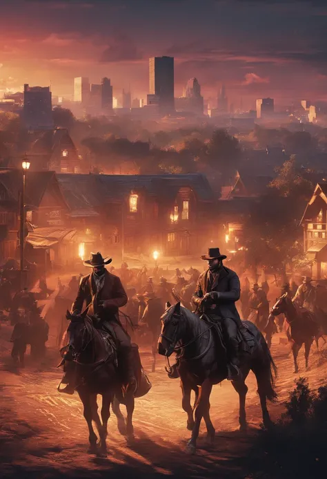 (red dead redemption 2 style,1899 year, 6 outlaws riding horses,gang,art poster,saint Denis city from RDR2 game ，six outlaws.six guys，saint Denis city background)。

(best quality,4k,8k,highres,masterpiece:1.2),ultra-detailed,(realistic,photorealistic,photo...