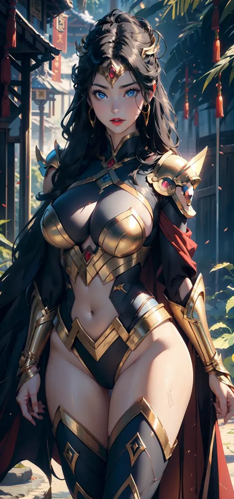 1female，35yo，plumw，extremely large bosom， 独奏，（Background with：the rainforest，lotus flower，Ground area water） She has long black hair，Stand on the plane，，seen from the front， hair straight， mostly cloudy sky，（（（tmasterpiece），（Very detailed CG unity 8K wallp...