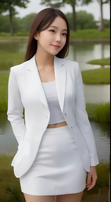 A smiling girl，While wearing a white Business suits，White tight skirt，Stand by the pond，Side view，The hips are high，com rosto detalhado，The eyes are delicate，The photo quality is the best，Realistic image quality，Background diffuse lighting，Depth of field d...