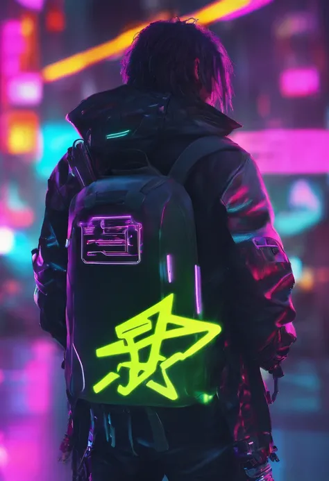 8K，Fine picture quality，Future street background，A cyberpunk boy，Carry this futuristic technology backpack，The backpack has lights，Future illuminated camera in hand，Back shadow