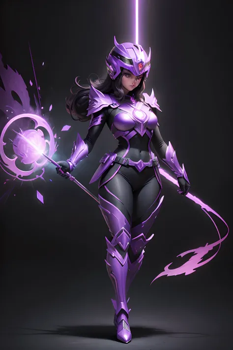 create a violet power ranger wearing helmet  , full body , mythic , black background ,a bit ancient theme