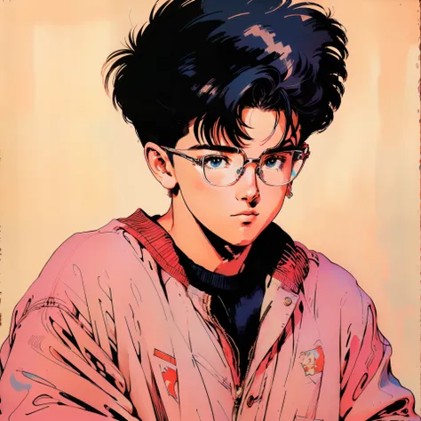 1990s anime, boy, cute, glasses, moreno, masterpiece, 4k, high fade hair, olhos pretos,