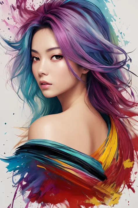 Colorful beautiful asian woman: messy hair, olhos castanhos penetrantes, oil painting, Marmoreio, nice perfect face with soft skinice perfect face, cores azuis amarelas, light purple and violet additions, light red additions, detalhes intrincados, tela ini...