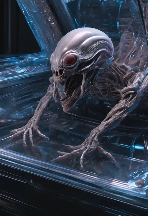 The aliens body lies in a crystal coffin，From Terchar, Translucent ethereal aliens，It has refined features in a sci-fi environment, glowing from within, Sparks and lights, Moonlight, Moon, Close-up, Realistic, Highly detailed, Intricate