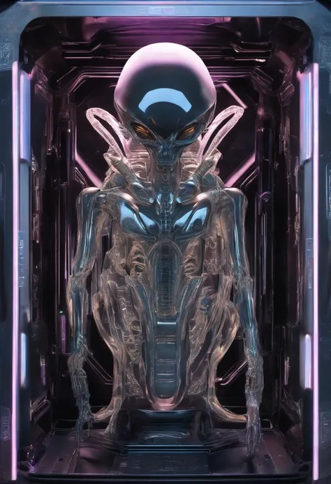 The aliens body lies in a crystal coffin，From Terchar, Translucent ethereal aliens，It has refined features in a sci-fi environment, glowing from within, Sparks and lights, Moonlight, Moon, Close-up, Realistic, Highly detailed, Intricate