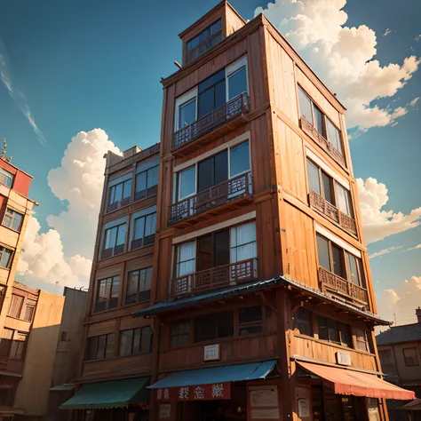 Ancient wind，Quaint，Chinese，Restaurant hostel，towering，The exterior of the entire building，wood，high rise，towering，Located in a bustling downtown area，Individual building，with blue sky and white clouds