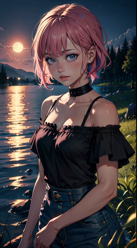 best quality, unity 8k wallpaper, ultra realistic, high detail face, fantasy, colorful, 1girl, pink hair, cute face, brown shirt, off shoulder, moonlight, no lighting, grass fields, near lake