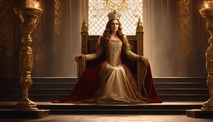 bestquality,10,highres,ultra-detail,portrait,The long-haired queen sits on the throne., The guards stood at the side.,A rugged aristocracy.,mediaeval,Royal Costume,Inside the palace,Golden Throne,detailed facial features,Expressive eyes and lips,rich color...