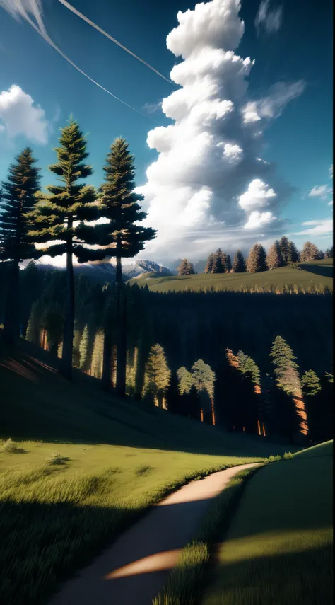 Landscape with fir trees, octane render, cumulus clouds, unreal engine, Sunny day