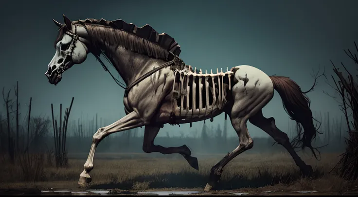 Zombie horse skeleton with deteriorated body, exposed skull and body covered in slime, running through the swamp. Full body image