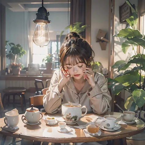 sitting alone across from an empty dining table、drinking tea in pajamas、looking at viewer、sleepy、bun hair、head shot、bulb light f...