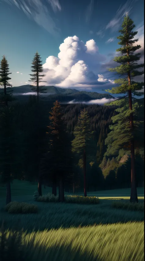 Landscape with fir trees, octane render, cumulus clouds, unreal engine, Sunny day, meadow