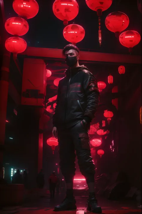 arafed man in a mask standing in a room with red lanterns, reflective floor, wearing japanese techwear, cyberpunk streetwear, we...