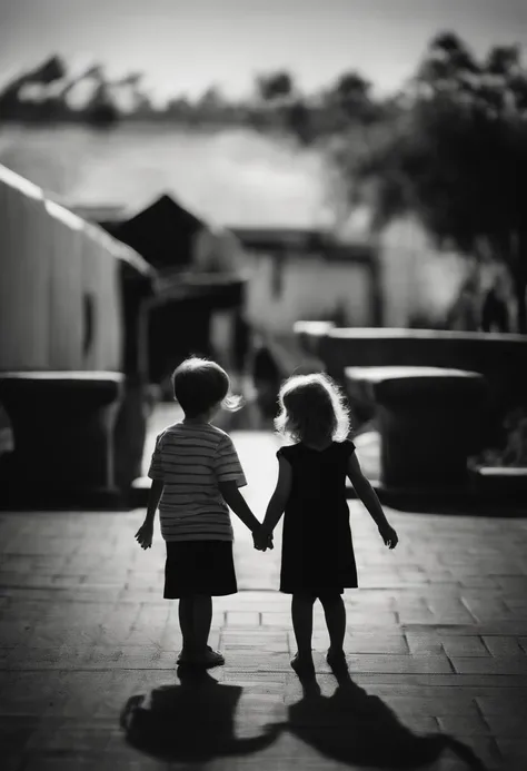 2 little kids 1 girl and 1 boy in the distance shaking hands, no background, black and white, high contrast, proffesional photography, utrarealistic, Light Volumetric, cinemactic