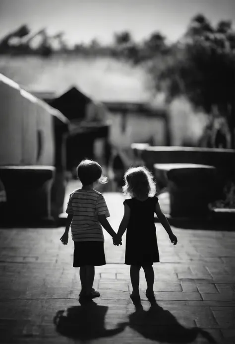 2 little kids 1 girl and 1 boy in the distance shaking hands, no background, black and white, high contrast, proffesional photography, utrarealistic, Light Volumetric, cinemactic