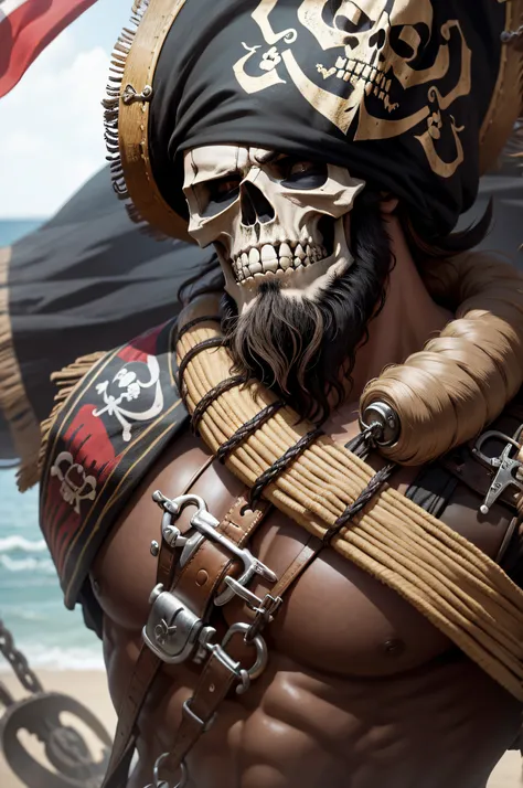 Pirate skull with black beard, com chifres, bandeira no navio,