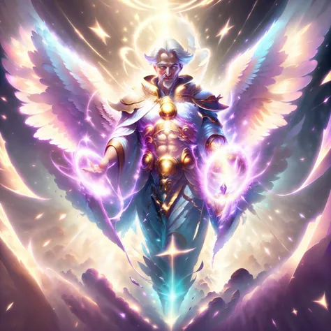 ultra realistic pictures. super fine art. super detail, proportional pose, charming oldman in Greek ancient white robe costume, archangel metatron, six giant wings angel, golden magenta, golden aura, magenta flame, universal logos, sparkling diamond dust. ...