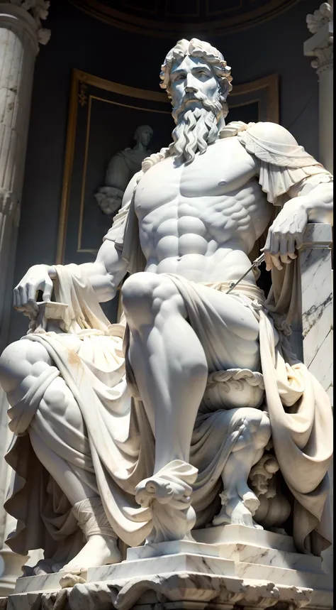 A realistic Greek white marble statue of Marcus Aurelius, muito forte e confiante, cuidadosamente detalhado, wearing a ghostly toga, fundo neutro, Moody, fotorrealista, Jantar de cinema atencioso, super detalhado, hyper realistic, luzes brilhantes, 8000