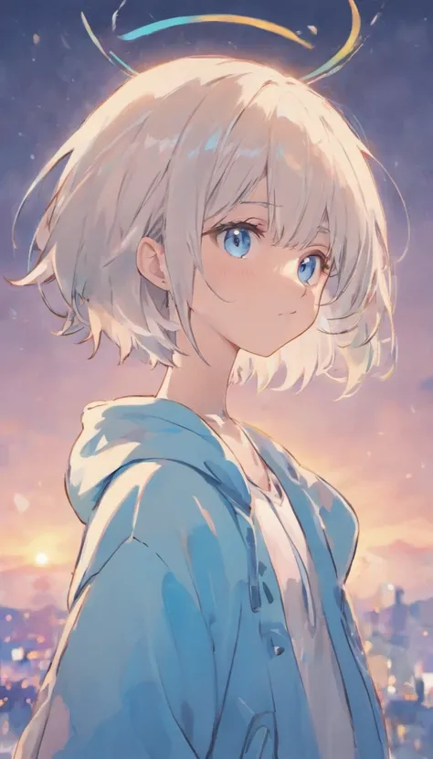 Silver hair color、light blue  eyes、short-hair、ember、20yr old、Wearing a white hoodie、Blue sky with beautiful background