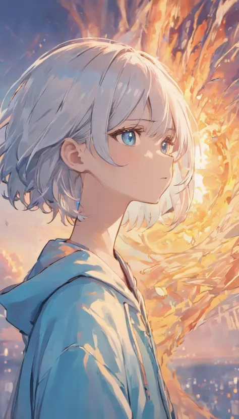 Silver hair color、light blue  eyes、short-hair、ember、20yr old、Wearing a white hoodie、Blue sky with beautiful background