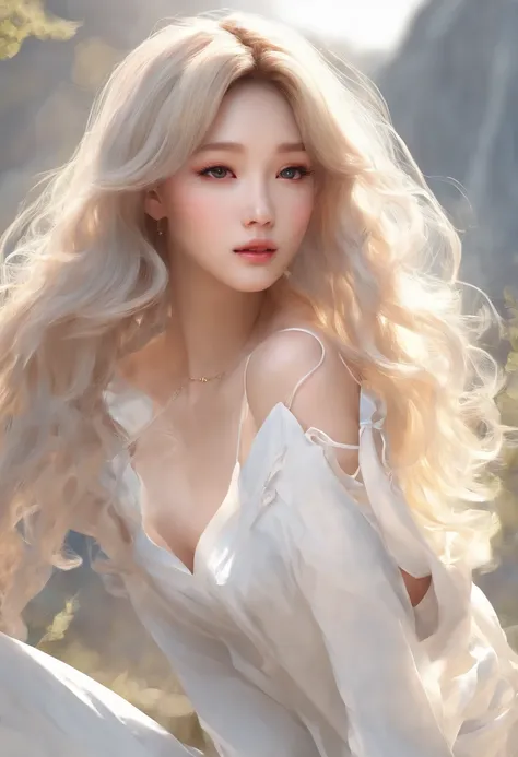 femele　A slender　White tight clothes　Beautiful face　constricted hair　Colossal tits　white backgrounid　Natural light　Like Koreans　long　Hair Catalog