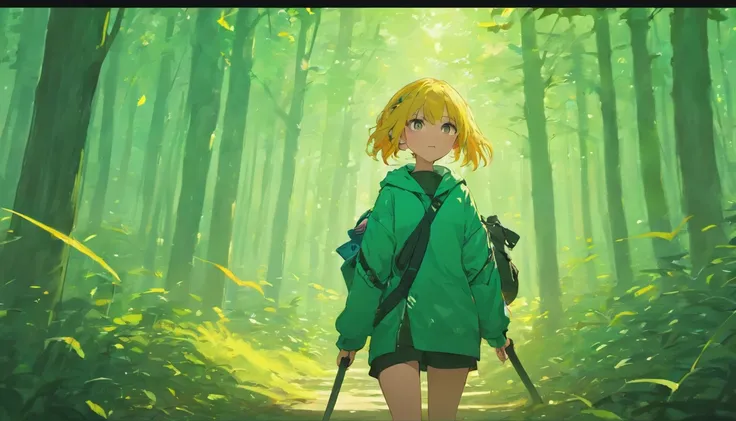 Wallpaper desktop (4k) take long sword in behind wearing a jacket carryinh a bag use headsets walking in the forest