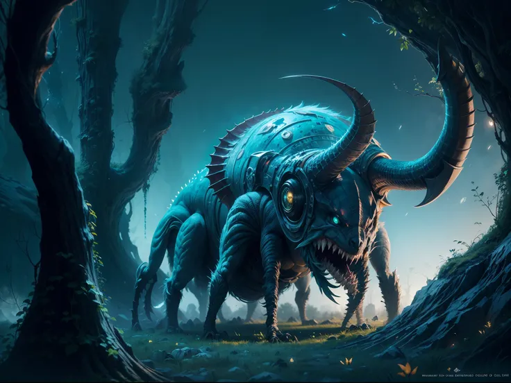 Image of a extraterrestrial life, a colossal behemoth, gigantic shape, its has six legs, two long tail,  white fur cover the whole body, sharp thorn on the back, one crystal horn on the head, sharp teeth, sharp claw, four big blue eyes,some plate of black ...