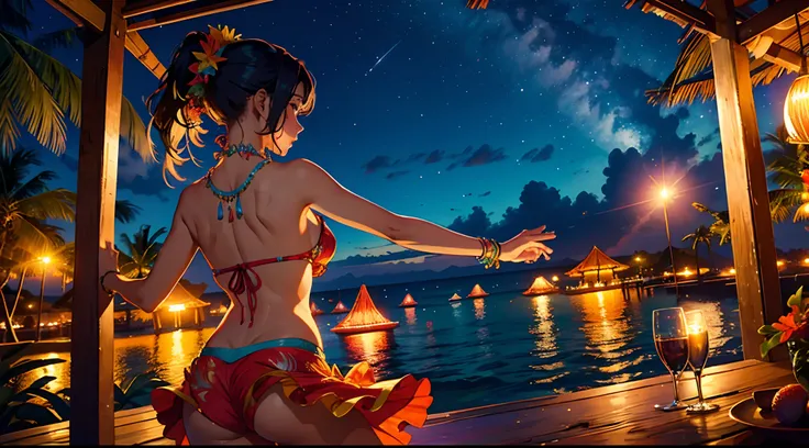 Beautiful woman dancing to Caribbean songs in a luau with a tropical atmosphere at night, stars, beach in the background, party atmosphere, vibrant colors, panoramic view, intricate details, high definition, high resolution, soft lighting