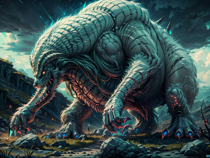 Image of a extraterrestrial life, a colossal behemoth, gigantic shape, its has six legs, two long tail,  white fur cover the whole body, sharp thorn on the back, one crystal horn on the head, sharp teeth, sharp claw, four big blue eyes,some plate of black ...