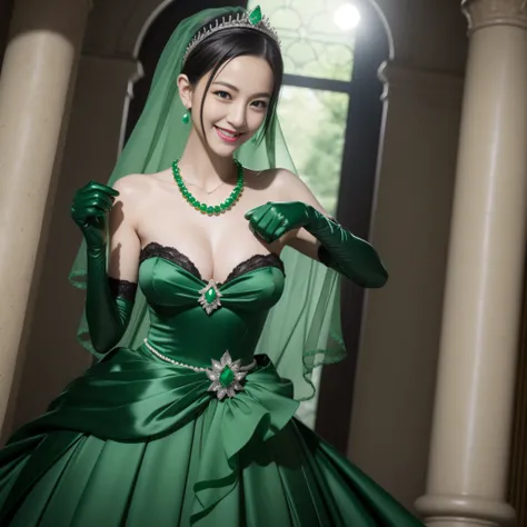 emerald tiara, Green Pearl Necklace, Boyish very short black hair, lipsticks, Japan woman smiling, Long green gloves made of satin material, very short short hair, fist, big breasts beautiful