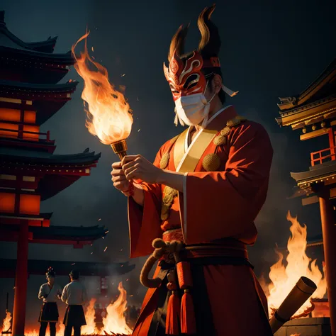 A man with traditional japanese mask doing Dance of the fire god, holding flaming torch, fire sparks, smoke, bonfire, traditional drum, people watching, temple on the background, ceremony,fire particles, realistic, dramatic, dynamic pose, cinematic, hd, de...