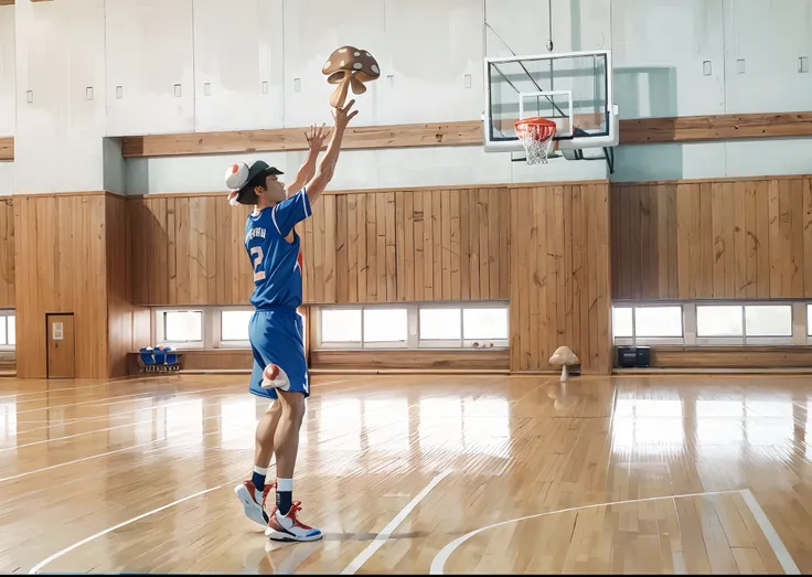 basketball player, ( mushroom on head:1.3), shooting,