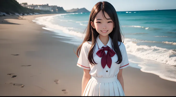 retain face 100%, wearing American school uniform dress, European princess, white skin, standing on the beach. smiling with open teeth, 4k image