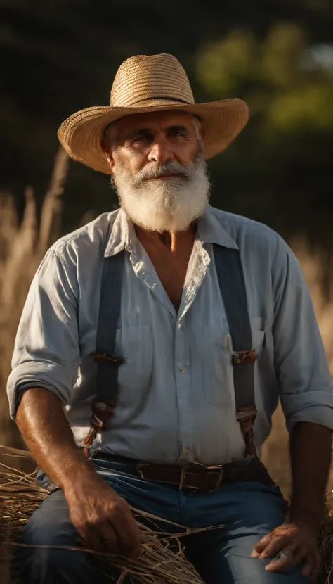 senior bearded farmer with straw hat standing crossed arms in field with sun behind him Natural volumetric lighting and better shadows, profundidade de campo profunda, foco clear, Portrait of man 35 years incredibly beautiful muscles, corpo inteiro, belo r...