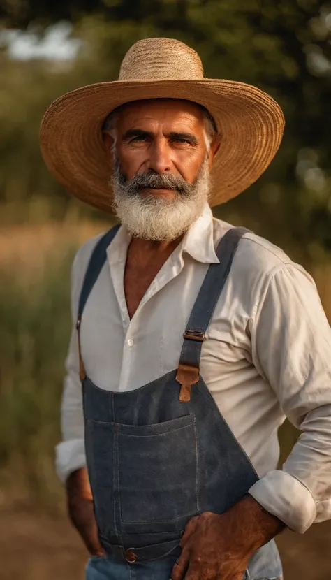 senior bearded farmer with straw hat standing crossed arms in field with sun behind him Natural volumetric lighting and better shadows, profundidade de campo profunda, foco clear, Portrait of man 35 years incredibly beautiful muscles, corpo inteiro, belo r...