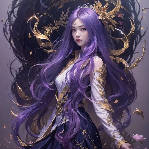 Genki Girl 32K（tmasterpiece，k hd，hyper HD，32K）Long flowing bright purple hair，Autumn Pond，zydink， a color，  Asian people （Genki girl）， （Silk scarf）， Combat posture， looking at the ground， long whitr hair， Floating bright purple， Fire cloud pattern gold tia...