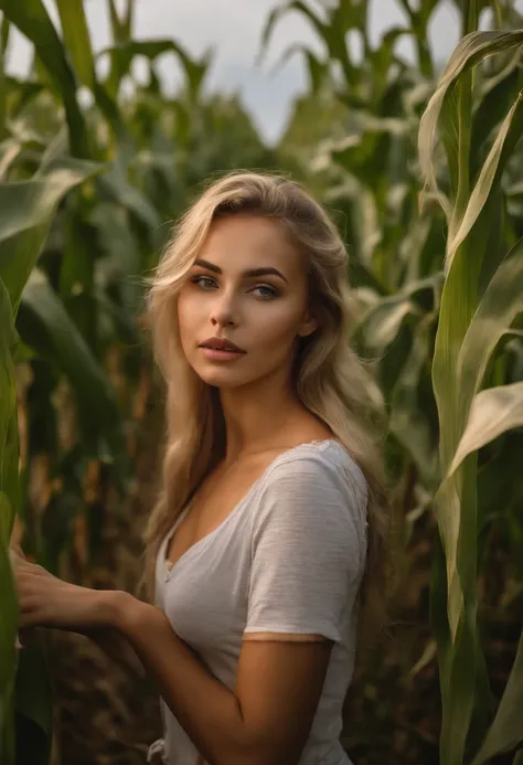 Arafed woman with matching tank top and panties in the corn field, Sexy girl with brown eyes, portrait sophie mudd, blonde hair and large eyes, Selfie einer jungen Frau, Augen im Schlafzimmer, Violet Myers, ohne Make-up, Natural makeup, Blick direkt in die...