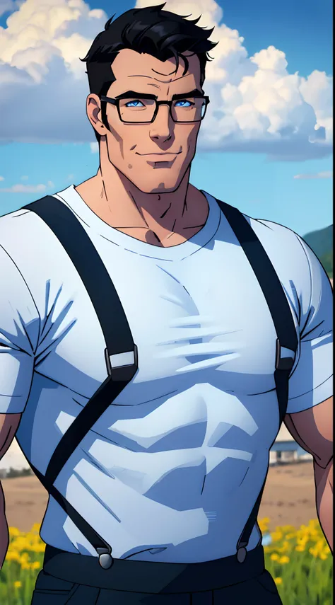 1 man, solo, Clark Kent , muscular male, tall, daddy, macho, large pecs, male focus, middle-aged man, glasses, black hair, short hair, a strand of hair on forehead, blue eyes, smiling cutely, face focus, blue overalls, white T-shirt, upper body shot, count...