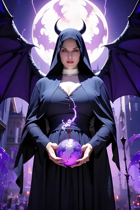 Lisa Ann: The evil nun, Demon horn, Demon wings on the head , sexy robe de nonne, His hands preparing a sphere of purple energy, diabolique, insidieux, His powerful magic hits the buildings of a city , Context of the Satanic Church, detailled eyes, detaile...