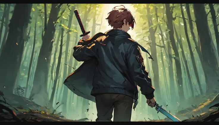 Wallpaper desktop (4k) boy 17 years old take long sword in behind wearing a jacket carryinh a bag use headsets walking in the forest facing back