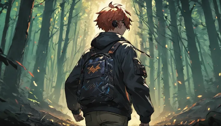 Wallpaper desktop (4k) boy 17 years old take weapon wearing a jacket carryinh a bag use headsets walking in the forest facing back