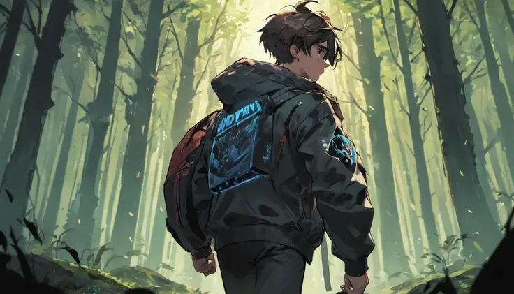 Wallpaper desktop (4k) boy 17 years old take weapon wearing a jacket carryinh a bag use headsets walking in the forest facing back