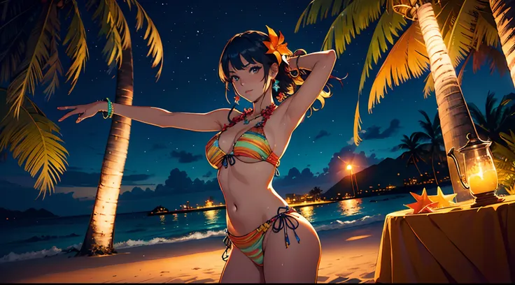 Beautiful woman dancing to Caribbean songs in a luau with a tropical atmosphere at night, stars, beach in the background, party atmosphere, vibrant colors, panoramic view, intricate details, high definition, high resolution, soft lighting, 2d anime style