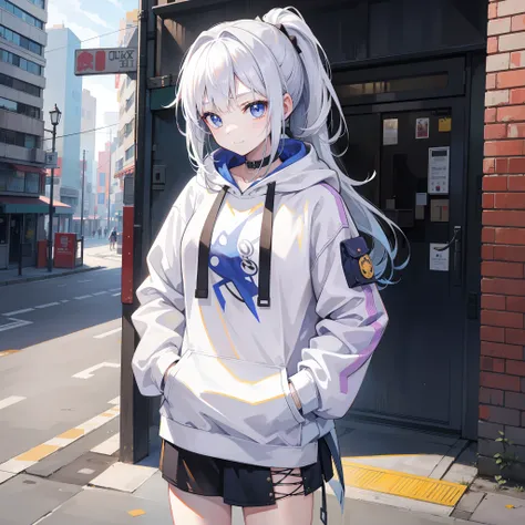 1girll, Small breasts,stitched face, patchwork skin, Closed mouth, Long_Hair, Light smile,City,street, White high ponytail hair, ,stitched_face,Patchwork_skin,Cowboy shot,( Hoodie),(Hand in pocket),Wear a sweatshirt underneath