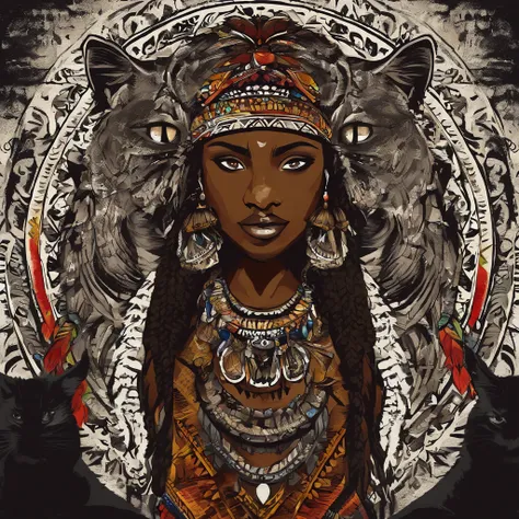 Masterpiece, high res, dark skin, aztec, Mayan, buff cat girl, jungle background, strong woman