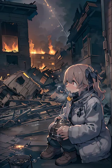 ((Little girl sitting on the street feeling cold crying, Hinged eyes of teardrops, Sadness Cute Face 🥺 )), a backdrop of ((Ruins of burnt apartments and ambulances, P((Oris man turning to extinguish fire with water bucket々, Night, Police Light, Smoke outsi...