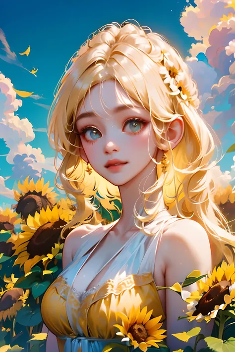 tmasterpiece， high high quality， cinematic Film still from， one-girl，Golden hair，Sunflowers are worn on the head， floating in sky， Cloud Girl， Clouds， （closeup cleavage： 1.1）， brightly， cheerfulness， intriguing， gentlesoftlighting， （bauhause， Shape， linewo...