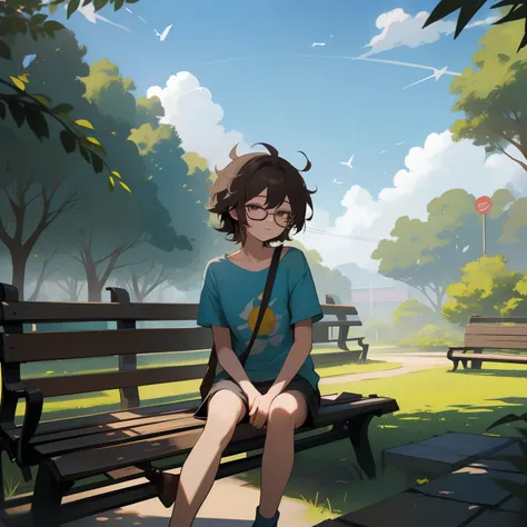 High Revolution, detalhado, obra prima, Estilo anime, 1garoto, ((sorrindo)), cabelo castanho, cabelo longo, ((messy hair)) modern glasses, roupa casual, parque, floresta, Sitting not bench, dia ensolarado, blue skies, brazi, Small birds