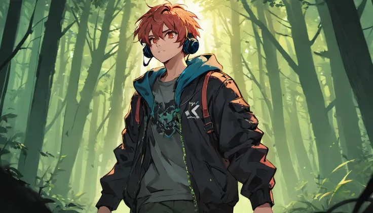 Wallpaper desktop (4k) boy 17 years old carry kriss vector wearing a jacket carryinh a bag use headsets walking in the forest facing back